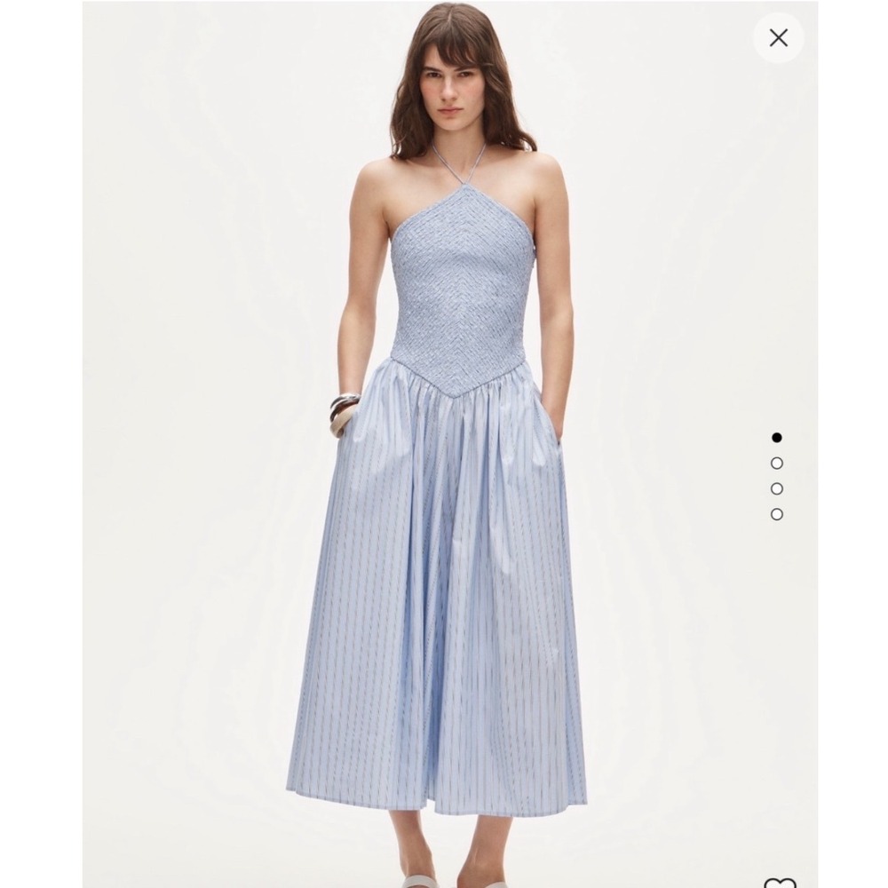 NWT J. Crew Women's Smocked halter Midi Blue Pin Stripe Pockets Size Small